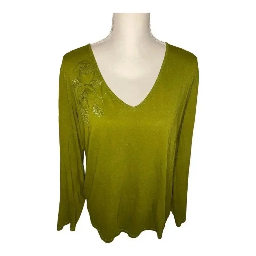 New York‎ & Company Women’s XL Green Cotton Top With Floral Appliqué